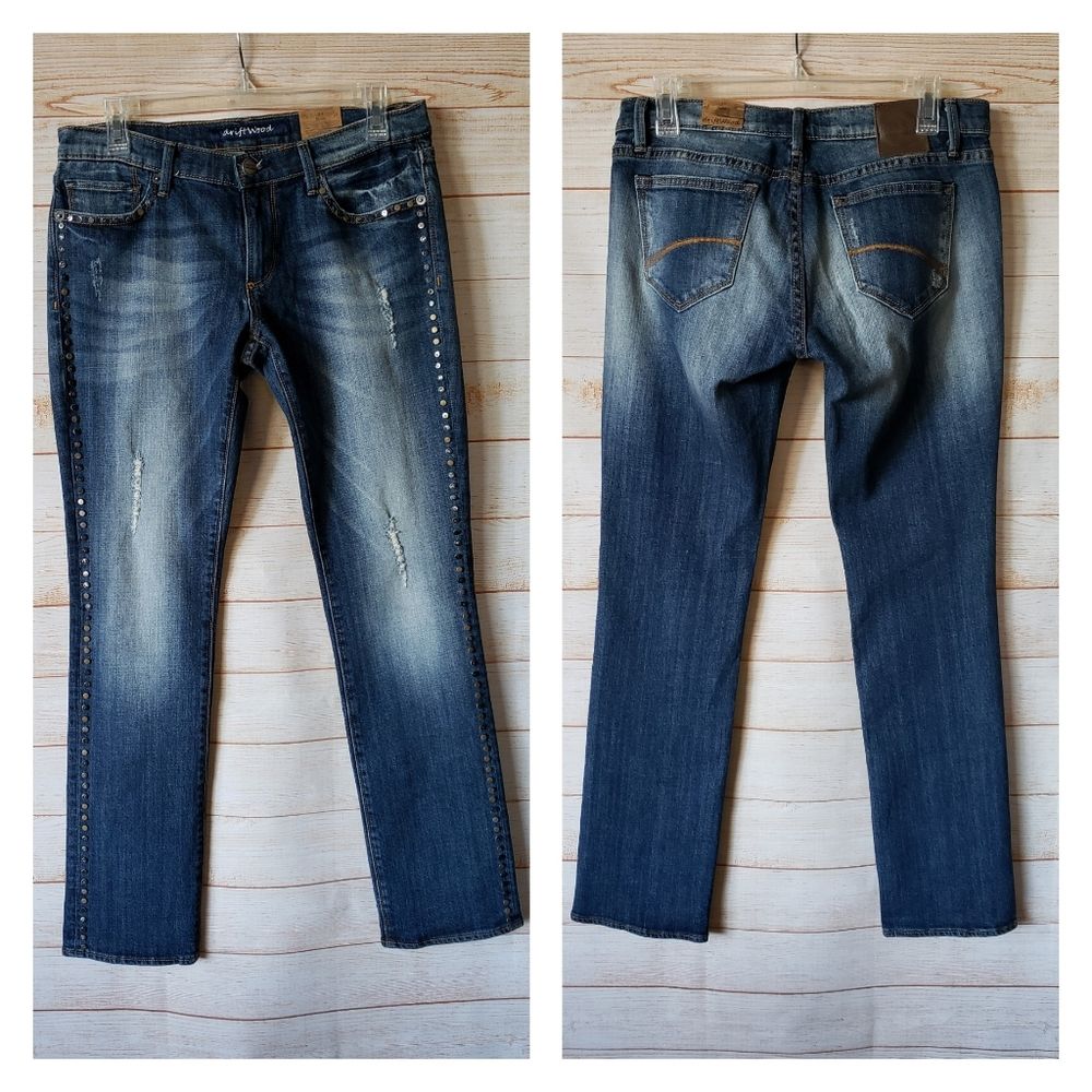 Driftwood Low Rise Slim Distressed Studded Cotton/Spandex Jeans